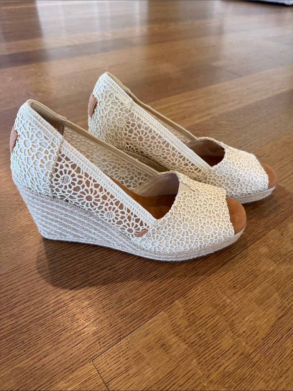 Toms Cream Crochet Peep-Toe Espadrille Wedges